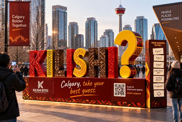 The letter installation in Calgary with the Calgary Tower behind, captioned “Calgary, take your best guess.”