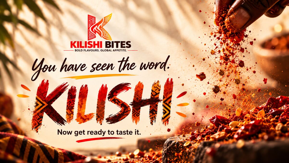 Transition key visual reading “You have seen the word. KILISHI. Now get ready to taste it.” over spice being poured.