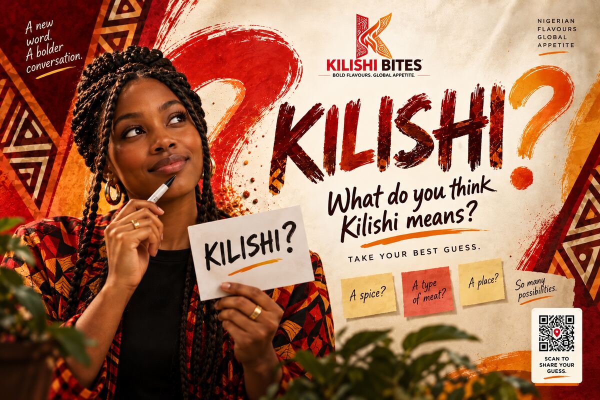 Teaser key visual with a woman holding a card reading KILISHI, headlined “What do you think Kilishi means?” with a take-your-best-guess panel.
