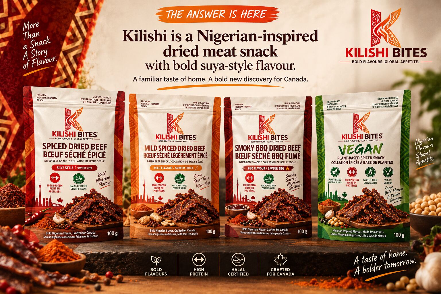 Launch key visual headlined “The answer is here”: Kilishi is a Nigerian-inspired dried meat snack with bold suya-style flavour. Four pouches stand on a spice-strewn surface — Spiced, Mild Spiced, Smoky BBQ and Vegan.