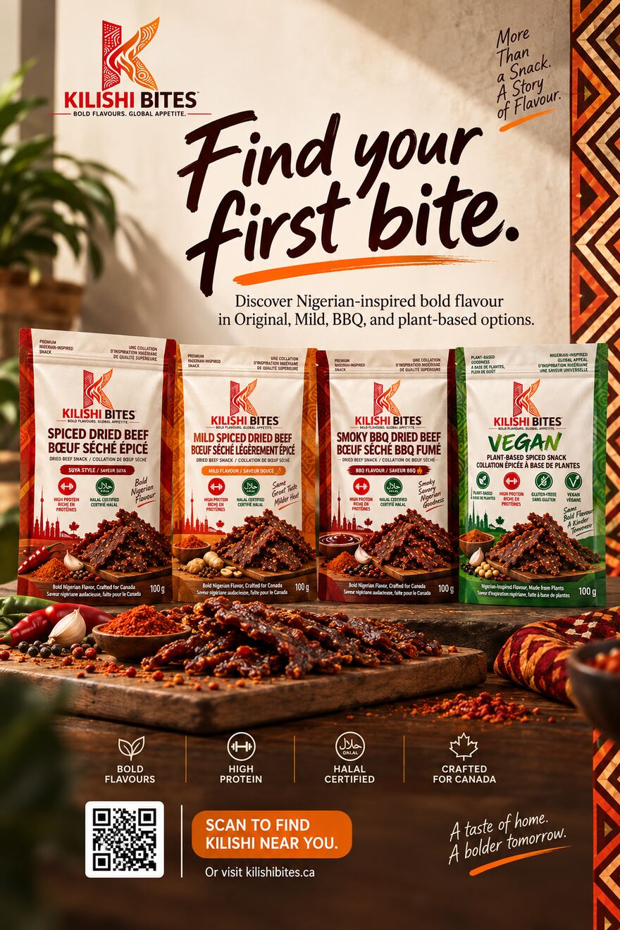 Upright launch poster headlined “Find your first bite”, with the four pouches, product descriptors and a QR code to find a nearby retailer.