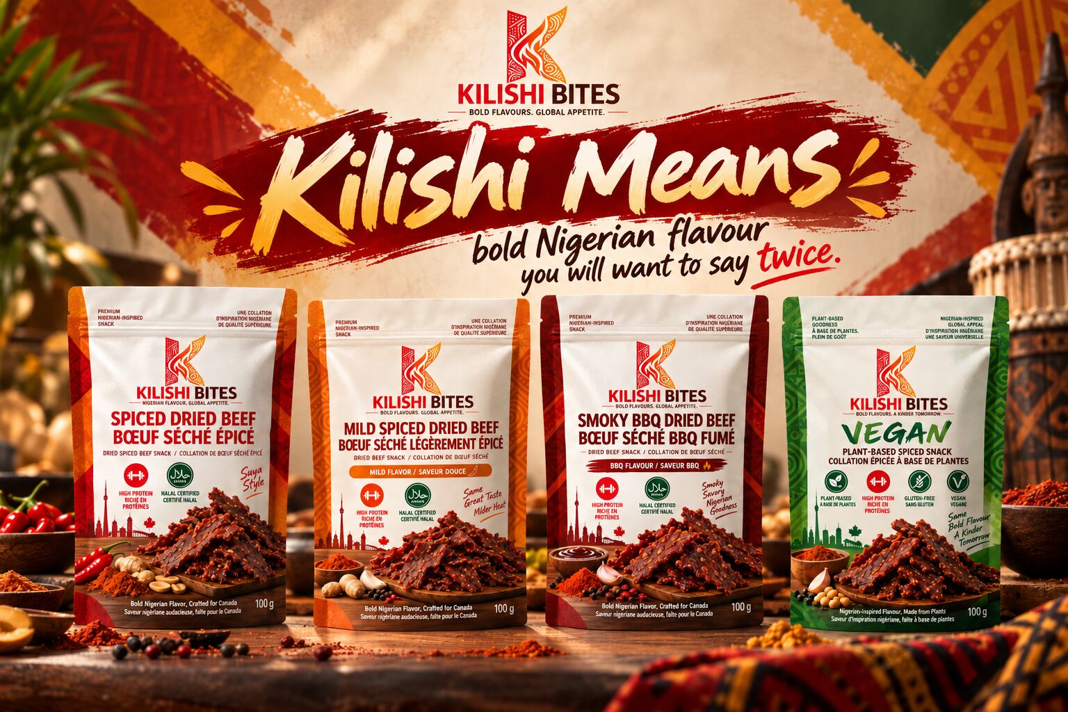Four bilingual Kilishi Bites pouches on a spice-strewn table beneath the campaign headline.