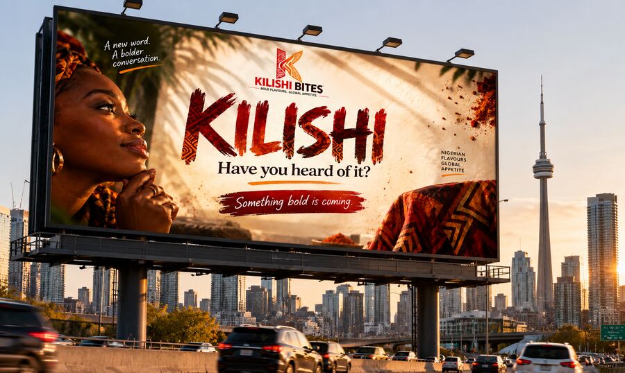 Large roadside billboard carrying the KILISHI teaser visual against the Toronto skyline with the CN Tower behind it.