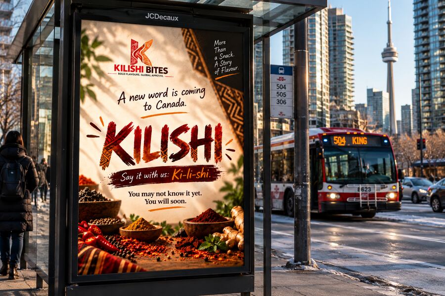Bus shelter poster carrying the “A new word is coming to Canada” teaser, with a transit bus and city street behind it.