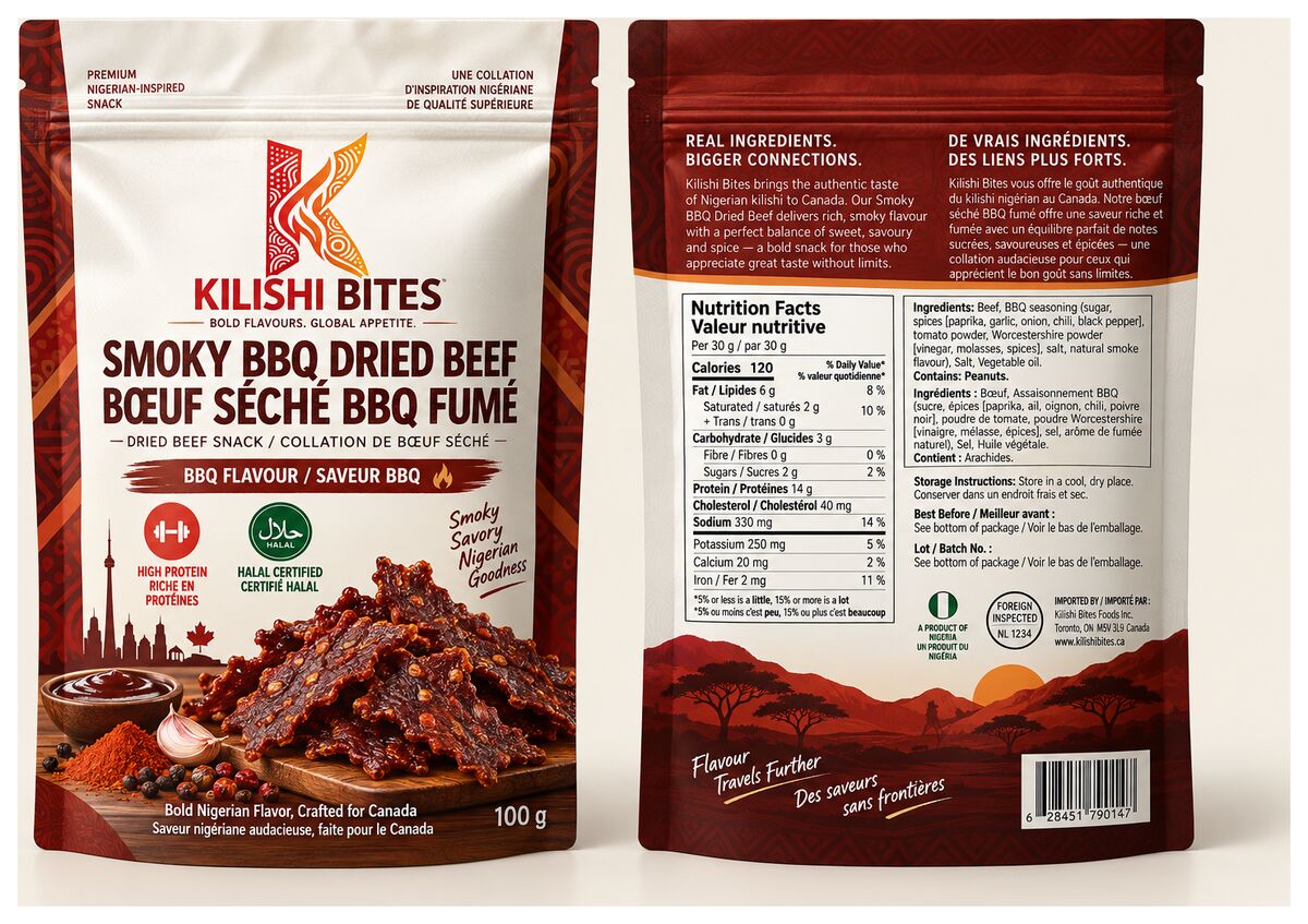 Front and back of the Smoky BBQ Dried Beef pouch in deep red and smoky brown tones with bilingual packaging copy.