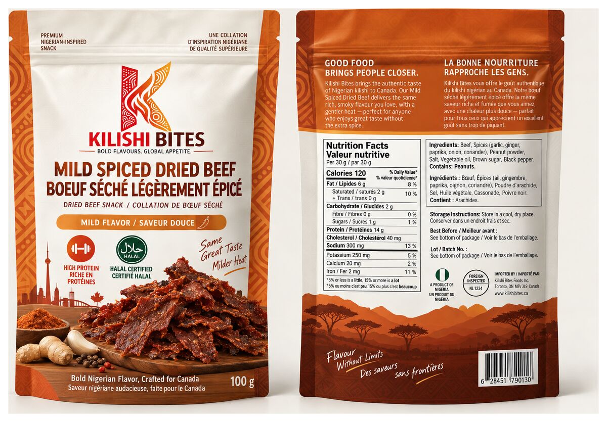 Front and back of the Mild Spiced Dried Beef pouch in warm orange with adire patterning and bilingual packaging copy.