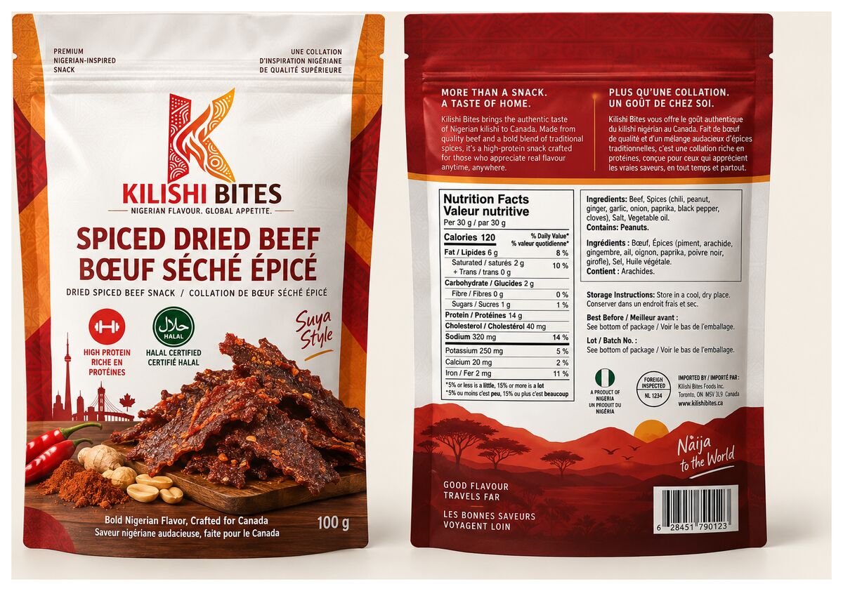 Front and back of the Spiced Dried Beef pouch in deep red and cream with adire patterning, bilingual English and French naming, nutrition panel and a heat-level indicator.