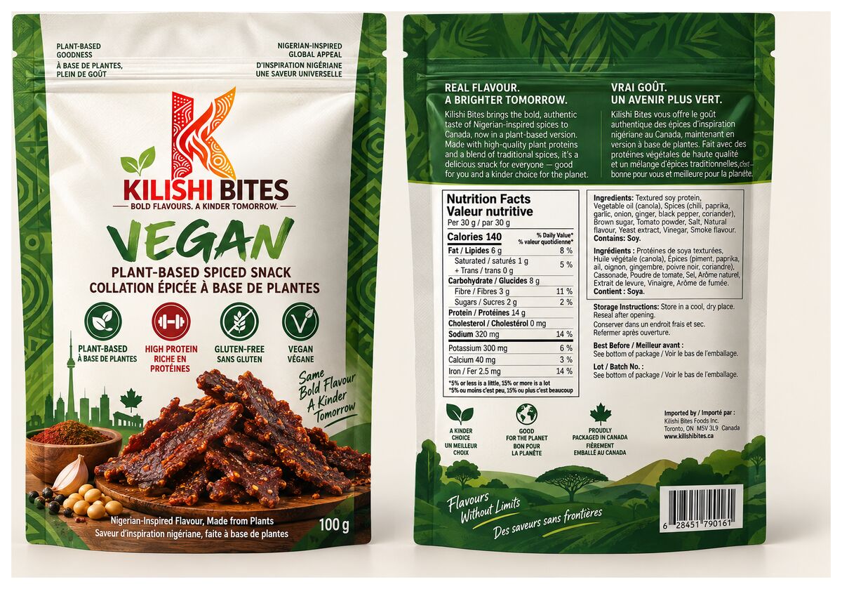 Front and back of the Vegan plant-based spiced snack pouch in fresh green with adire patterning and bilingual packaging copy.