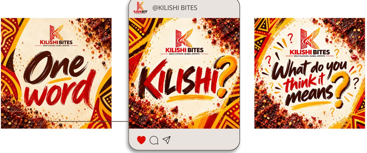Three Instagram post designs in the campaign palette reading “One word”, “KILISHI?” and “What do you think it means?”, shown in a phone frame.