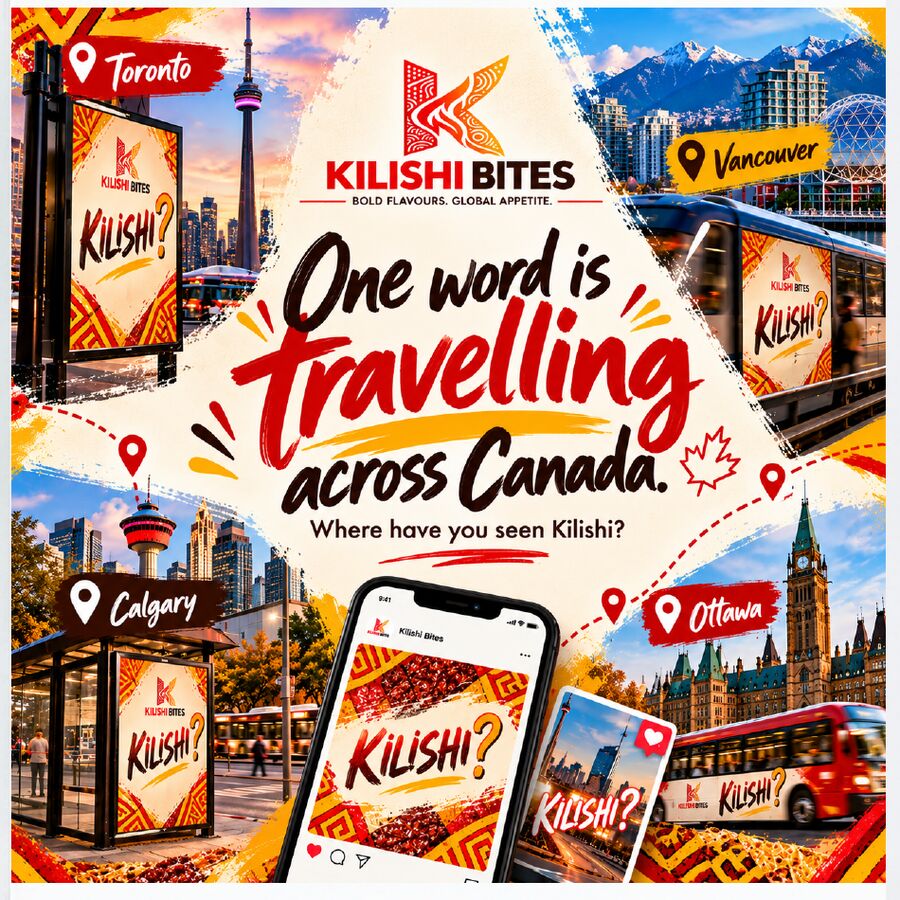 LinkedIn post graphic reading “One word is travelling across Canada. Where have you seen Kilishi?” with a map of the four launch cities and phone mockups.