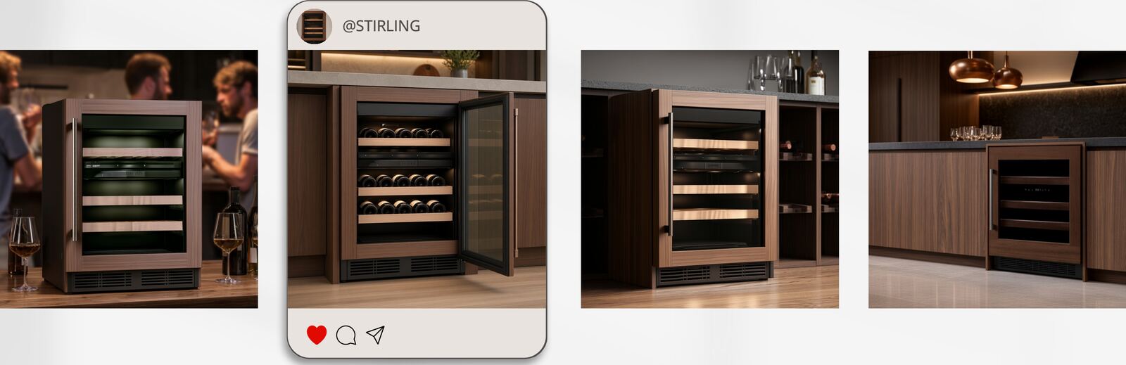 Instagram carousel frames showing the beverage cooler in a social setting, open with wine bottles visible, in a dark kitchen, and integrated into a cabinetry run.