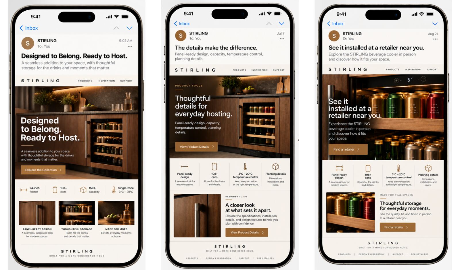 Three phone mockups showing the reveal, proof and action emails in the campaign's walnut and ivory palette, each with a product hero, feature icons and a single call to action.