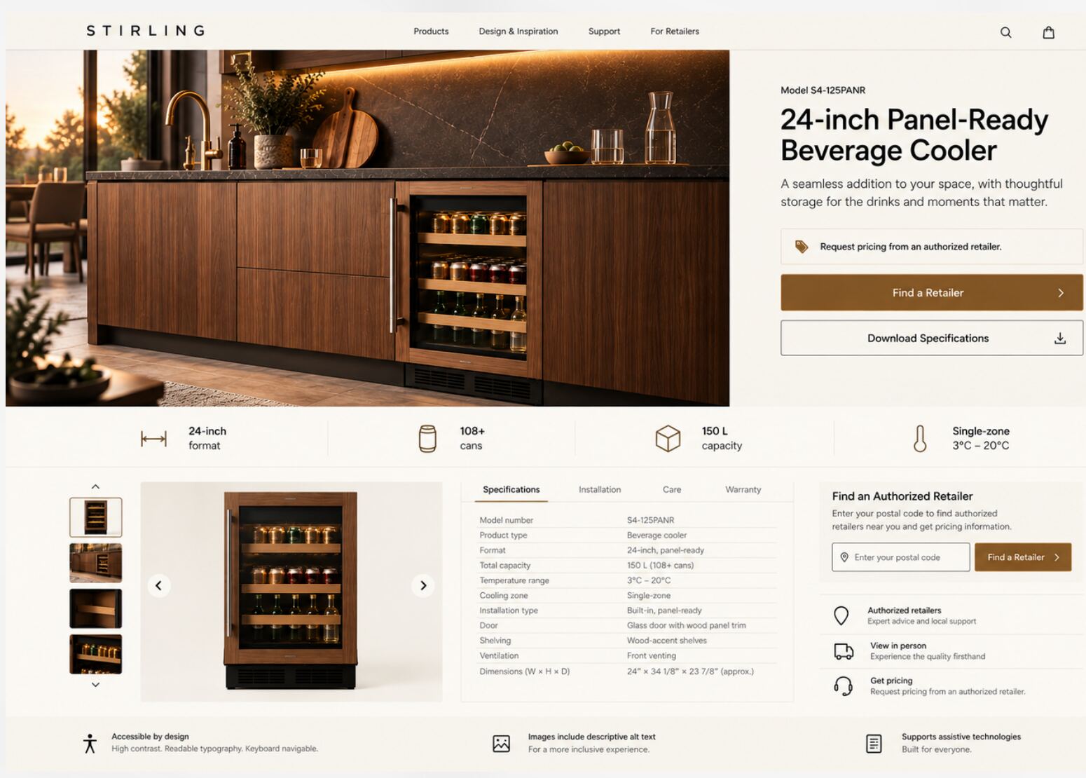 Product page design for the 24-inch panel-ready beverage cooler, with a lifestyle hero image, specification table, accessibility notes and an authorised retailer locator.